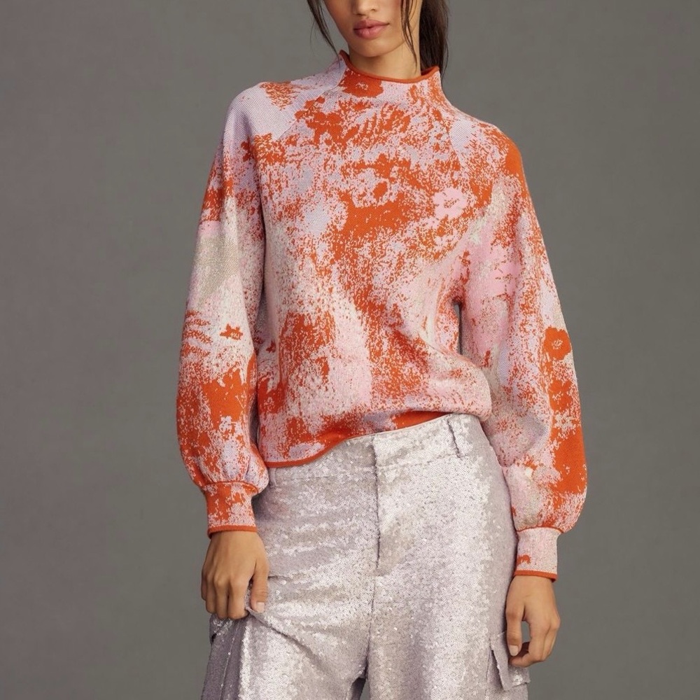 Anthropologie The Beatriz Mock Neck Sweater Lurex Edition Orange Blue Size Small
